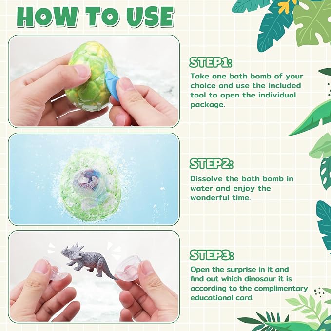 TranquilBliss Dino Egg Bath Bombs for Kids with Surprise Inside, 6 Packs Dinosaur Bath Toys Set for Boys,Girls, Bubble Fizzies, Educational Birthday & Christmas Gift Ideas