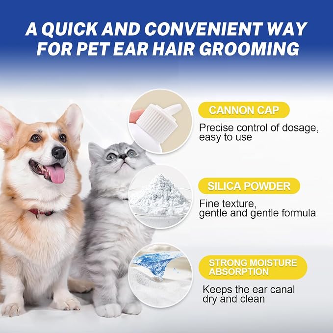 Dog Ear Hair Removal Kit with Ear Powder & 5.5" Curved Locking Forceps – Dog Ear Finger Wipes for Grooming, Helps Remove Excess Ear Hair, Dirt & Moisture, Alcohol-Free Pet Ear Care for Dogs