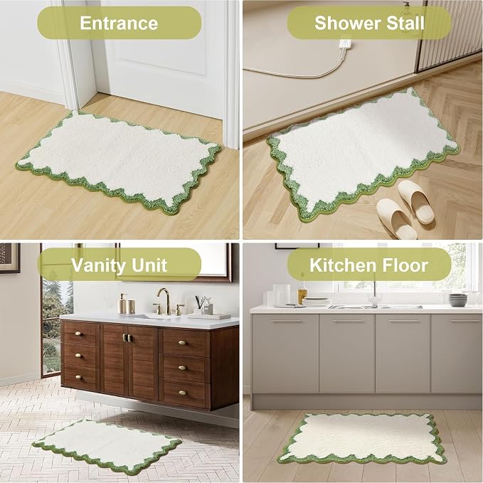 ORTIGIA Scalloped Green Bath Mat Non Slip Washable for Bathroom, Quick Dry Absorbent Plush Microfiber Bath Mats, White and Green Bathmat for Bathtub Shower, Floor Carpet for Sink Bedroom, 20x32