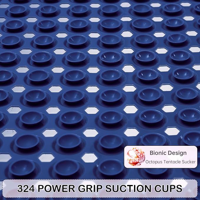 Non-Slip Bathtub and Shower Mats, Power Grip Bath Mat 35 x 16.3 Inch with Suction Cups and Drain Holes for Tub Bathroom Floor Safety, Machine Washable Soft Bathmat, Navy Blue