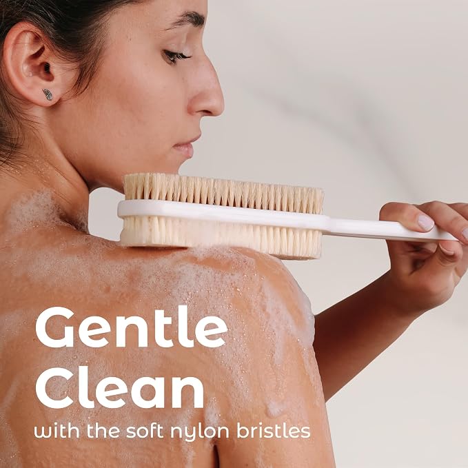 MainBasics Back Scrubber for Shower, Long Handle Body Brush, 15.75 Inch | Dual-Sided Exfoliating and Soft Bristles