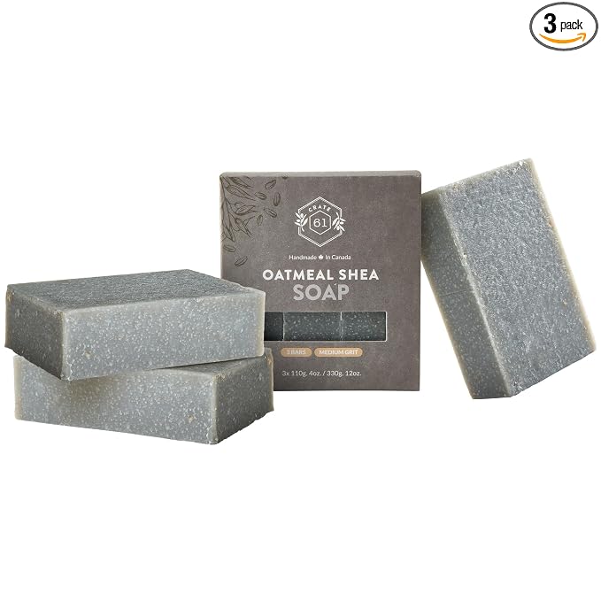 Crate 61 Organics, Handmade in Canada, Plant Based Cold Process Natural Bar Soap For Face & Body, w/Premium Essential Oils, For Men & Women 3 Pack (Oatmeal Shea (Unscented))