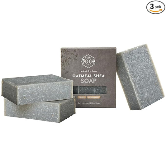 Crate 61 Organics, Handmade in Canada, Plant Based Cold Process Natural Bar Soap For Face & Body, w/Premium Essential Oils, For Men & Women 3 Pack (Oatmeal Shea (Unscented))