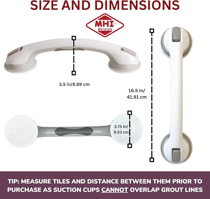 Safe-er-Grip Changing Lifestyles Suction Cup Grab Bars for Bathtubs & Showers; Safety Bathroom Assist Handle,White & Grey,16 Inches,(Pack of 3)