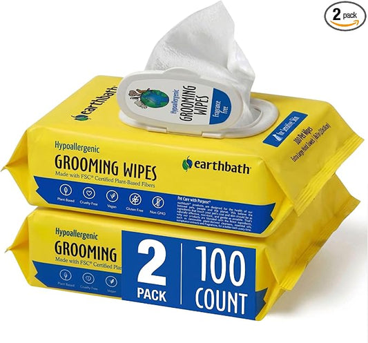 earthbath, Hypo-Allergenic Grooming Wipes - Fragrance Free Dog Wipes for Paws and Butt, Best Pet Wipes for Dogs with Sensitive Skin, Made in USA, Cruelty-Free Dog Cleaning Wipes - 100 Count (2 Pack)