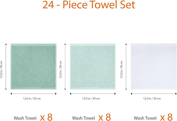 Amazon Basics Highly Absorbent, Soft & Durable 100% Cotton Washcloths for Bathroom, Body and Face, Lightweight, Fast Drying, 12 x 12 inches, Seafoam Green, Ice Blue, White, (Pack of 144)