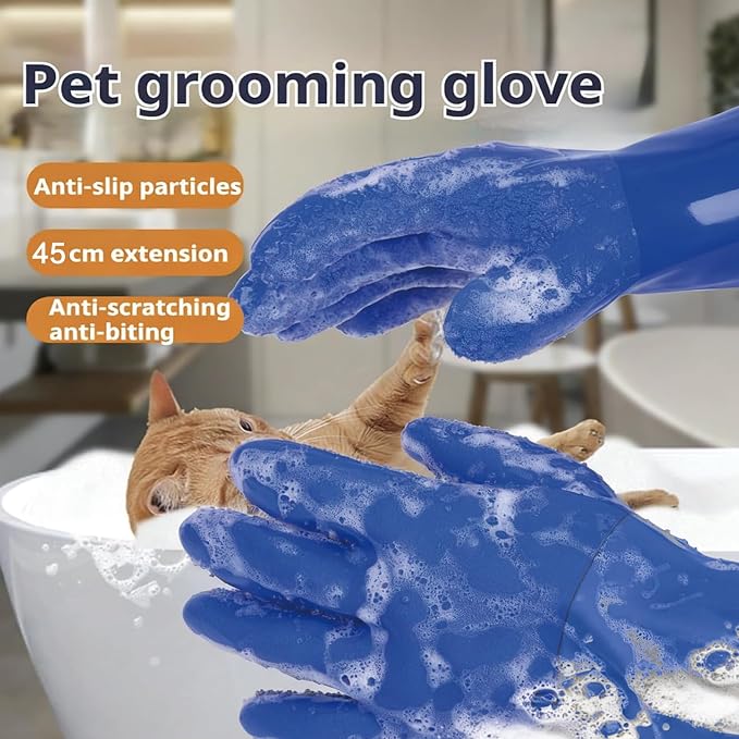 YOFANG 17.7" L Pet Grooming Bathing Gloves,Waterproof Cat Bite-Proof Hair Removal Brush Gloves,Rubber Washing Gloves for Dogs & Cats with Massage Frosted Particles,Blue