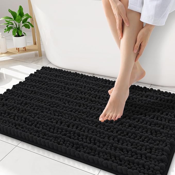 Smiry Bathroom Rugs Mat 34x21, Extra Soft Absorbent Chenille Bath Rugs, Non Slip Rubber Backing Machine Washable Quick Dry Bath Mats for Bathroom Floor, Tub, Shower, Home Decor Accessories, Black