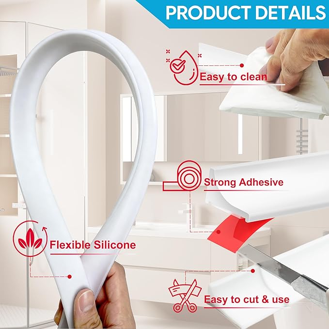 67Inch Shower Threshold Water Dam, Self-Adhesive Silicone Shower Barrier Water Stopper Shower Door Bottom Seal Strip Shower Splash Guard for Bathroom Kitchen Bathtub