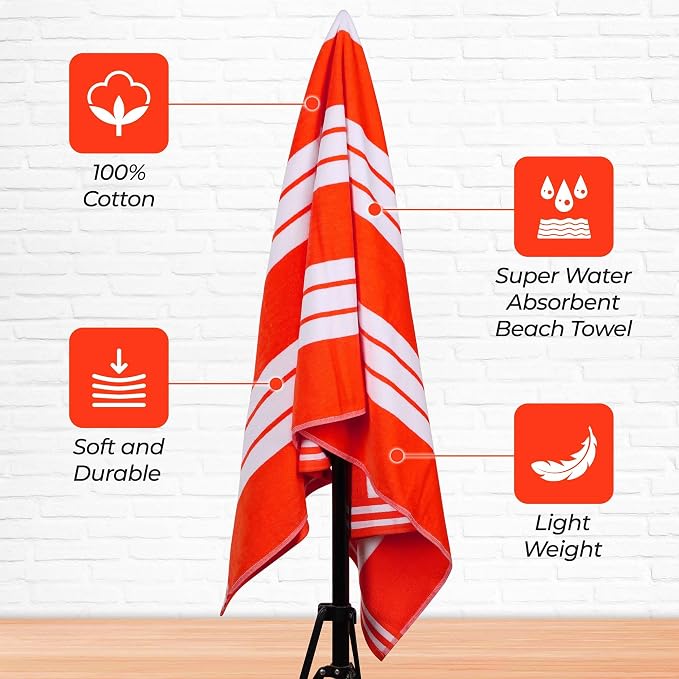 Superior Cotton Cabana Striped Beach Towels, Colorful Towels for Adult, Kid, Pool, Swimming, Sand, Travel, Large Oversized, Absorbent, Fast Drying, Bath Basics, Cabana Collection, 1 Piece, Coral