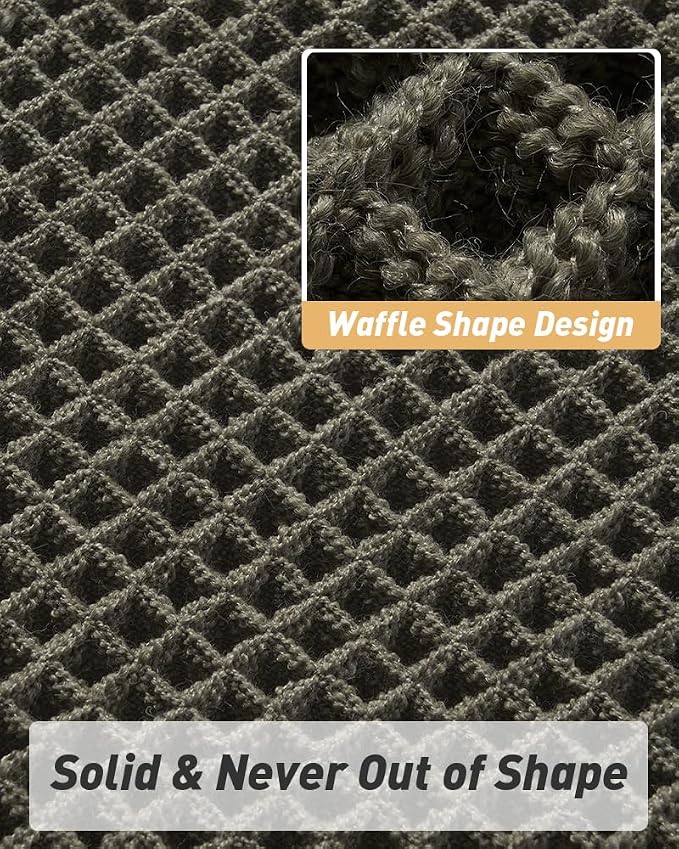 Upgraded Waffle Bath Mat Set of 2, Super Absorbent Non Slip Bath Mats for Bathroom Floor, Washable Boho Bathroom Rugs Set 2 Pieces with Tassels, Soft Bathroom Mat Set, Green, 17" x 24" Plus 20" x 32"