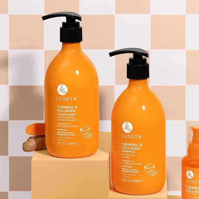 Luseta Volumizing Shampoo and Conditioner Set for Thin Fine Hair - Thickening & Plumping with Turmeric & Collagen, Lightweight Body Building for Flat Limp Hair, Sulfate-Free (2 x 16.9oz)