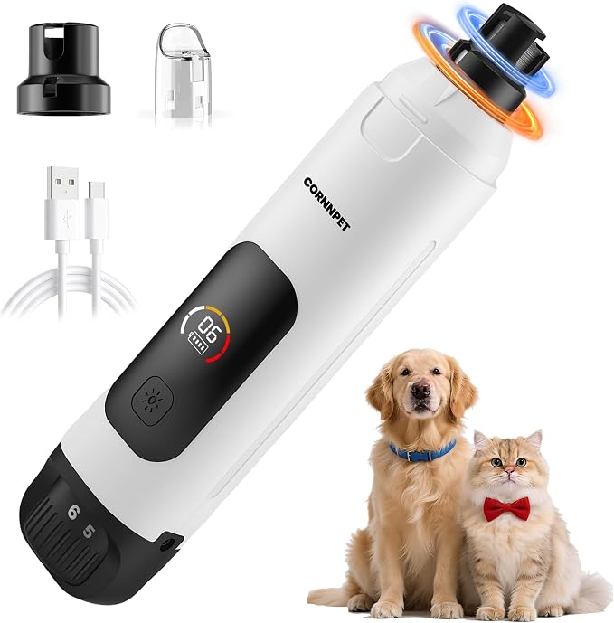 Dog Nail Grinder,25dB Silent Groom Pro Pet Nail Grinder White | New LCD Display 6 Adjustable Speeds 1.5H Fast Charge Dual LED Safe Lights | 50% More Power Painless Cat Nail Grinding