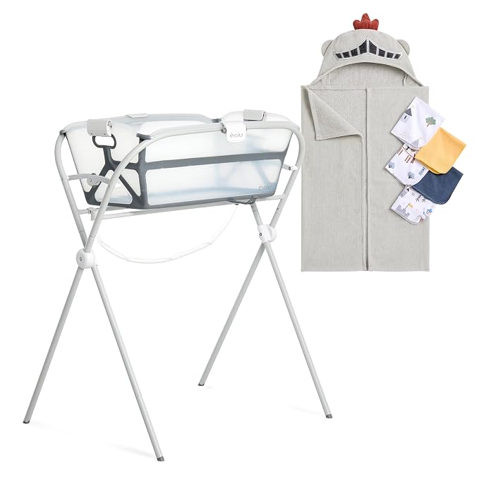 Evolur Supple Spa Kit with Towel, Includes Supple Baby Spa Set, Complementary Good Knight Hooded Towel & 5-Piece Washcloth Set in Grey, Spa Set Includes Bath Tub, Hammock Seat and Metal Frame