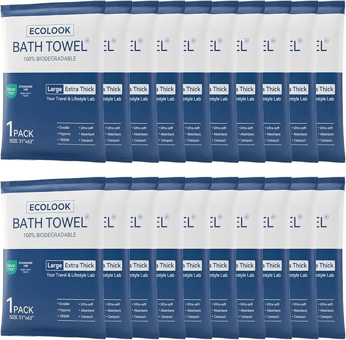 ecolook 20-Pack Disposable Bath Towels for Travel, Extra Large 31"x63", 100GSM Plant Fiber, Dual Texture Soft & Quick-Drying Disposable Towels for Hotel Camping Beach Swimming Gym Sauna Spa