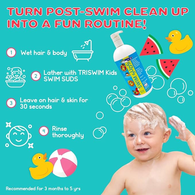 TRISWIM Kids SWIM SUDS NATURAL, TEAR-FREE, 2-in-1 Shampoo & Body Wash | Formulated For Babies & Up | Removes Green Tint, Chlorine & Odors | Ensuring a Delightful Post-Swim Routine | Watermelon Scent