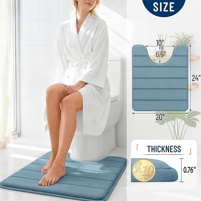 OLANLY Memory Foam Toilet Rugs U Shaped 24x20, Super Soft Absorbent Contour Bath Rugs, Quick Dry, Machine Washable Toilet Mat, Bathmat Floor Carpet, Bathroom Home Decor Accessories, Airy Blue