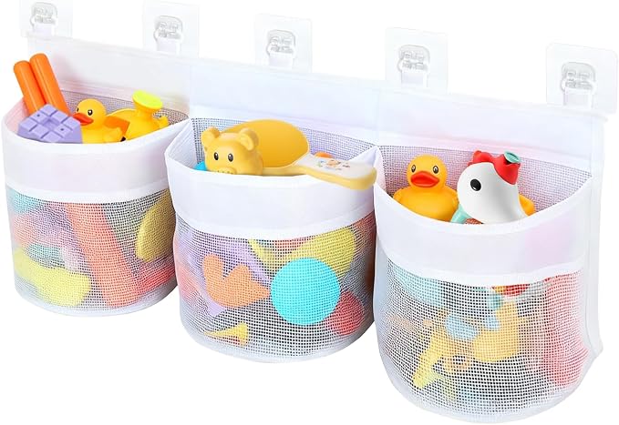 Bath Toy Storage Organizer, Multi-Use Mesh Net for Bathtub Toys, Shower Toy Holder Basket, Fits for Bathroom Wall, Shower Area, Tub Side and Poolside, Fast Draining, White