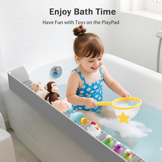 Bathtub Splash Guard PlayPad Shelf Area with Strong Suction Cups, Toy Tray Caddy Holder Storage Over Tub, Bathtub Ledge Guard, No Mess Water, Splash Protection Water Barrier for Bathroom-Gray
