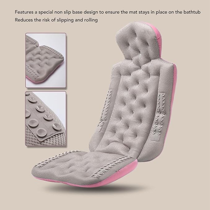 Full Body Bath Pillow, Bathtub Pillow with Non Slip Base, Ergonomic Full Body Bath Cushion for Tub Spa Pool Outdoor Use, Breathable Quick Drying Mesh Fabric Bathtub (Pink)