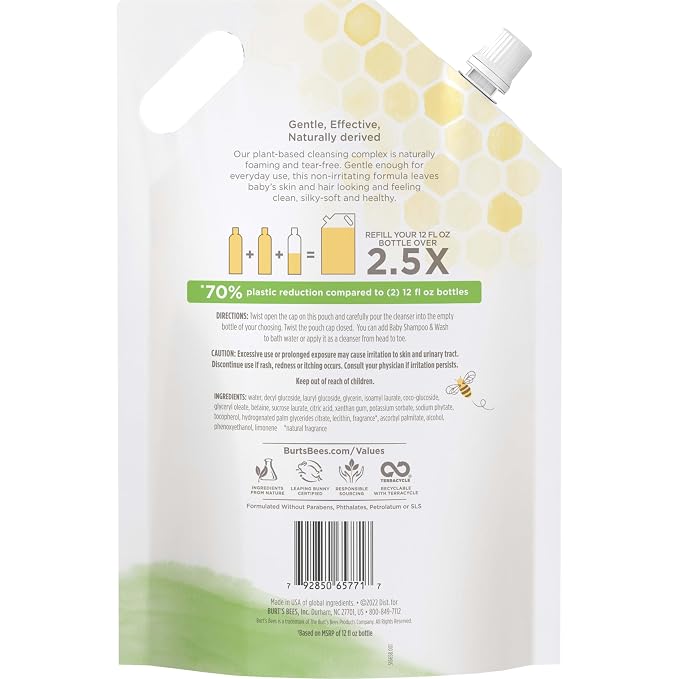 Burt's Bees Baby Shampoo and Baby Wash Refill, Original, Plant-Based Formula, Tear-Free, Pediatrician-Tested, Natural Origin, Gently Cleans Sensitive Skin and Hair, 33.8 Fl Oz
