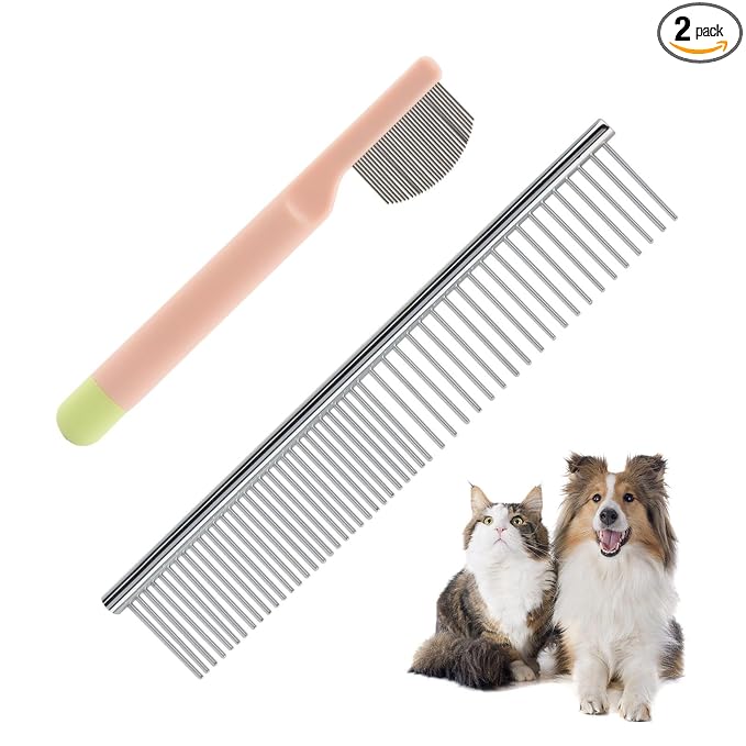 2 Pcs Dog Eye Comb Stainless Steel Pet Grooming Comb, Dog Flea Combs Pet Facial Brush, Round-Tip Arc Teeth Stress-free Tear Stain Remover for Puppy Cat