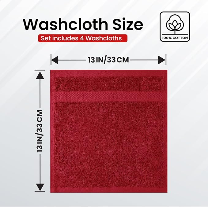 Infinitee Xclusives Luxury Wash Cloths for Showering [13x13] – 100% Cotton Washcloths [Pack of 4], Soft and Absorbent Face Towels for Bathroom Wash Clothes, Gym, and Spa (Burgundy)