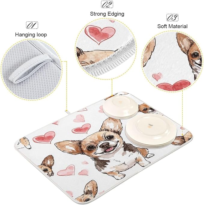 Chihuahua Dog Heart Absorbent Dish Drying Mat, Dishes Drainer Protector Pad Pot Holder for Kitchen 18 x 24 Inch