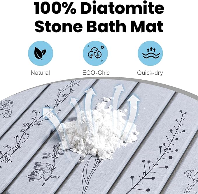 Large Stone Bath Mat - 32x20 Inch, Super Absorbent Diatomite Earth Extra Large Bath Mats for Bathroom, Quick Dry Non-Slip Foldable Stone Drying Mats for Kitchen & Bathtub (Light Gray Floral Decor)