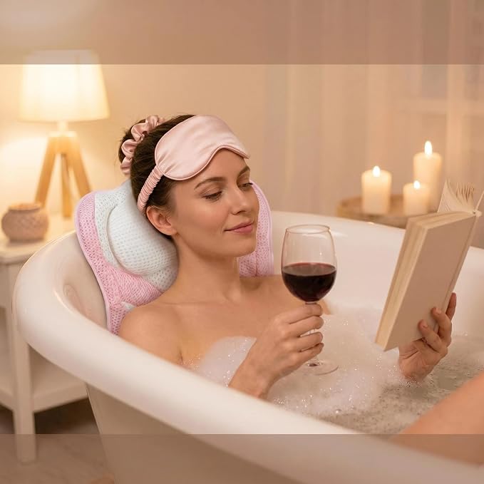 Upgraded Bath Pillows,Bathtub Pillows for Head and Neck Support,Bath Pillows for Tub with Soft 5D Breathable Mesh Fabric Nonslip Suction Cups,Relaxing Bath Accessories Spa Gifts .(Pink White)
