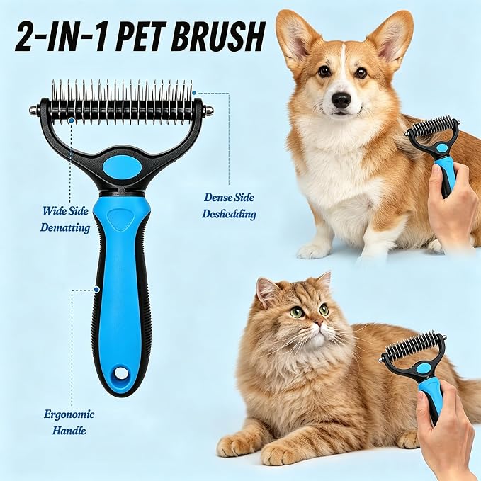 Dematting Dog Brush, Double Sided Undercoat Rake Pet Detangling Comb for Dogs and Cats, Pet Pro Grooming Tool for Tangles Knots Long Fur