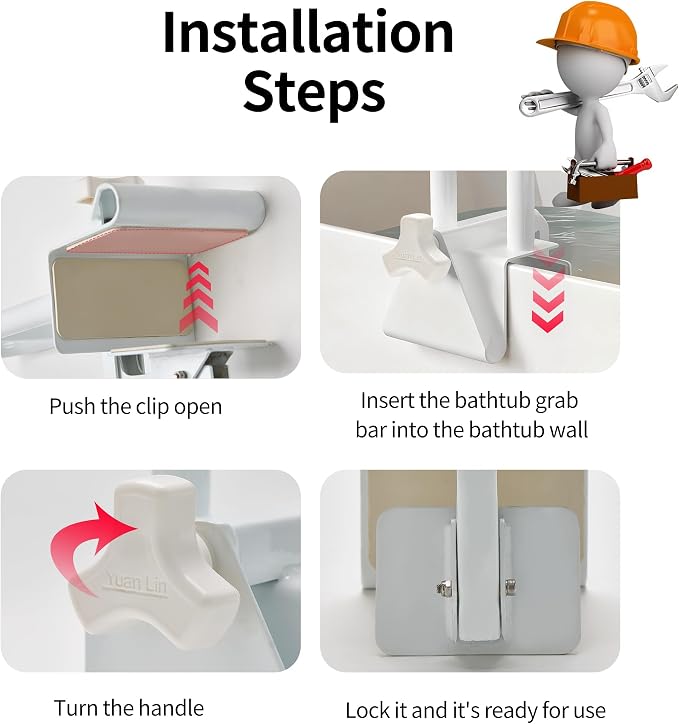 Adjustable Bathtub Handle and Grab Bar, Bathtub Safety Rail with Non-Slip Grip for Seniors, Elderly, Fits 3.1 to 6.7 Inch Tub Walls, Supports 300 lbs