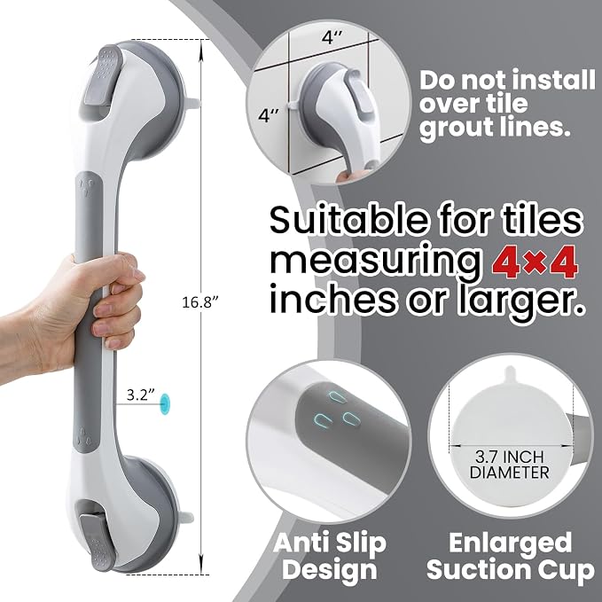 TAILI Grab Bars for Bathtubs and Showers 2 Pack Suction Grab Bar, Heavy Duty Shower Handle Removable Bath Handrails for Seniors and Elderly, Bathroom Safety Grip No Drilling Waterproof,Grey,G9