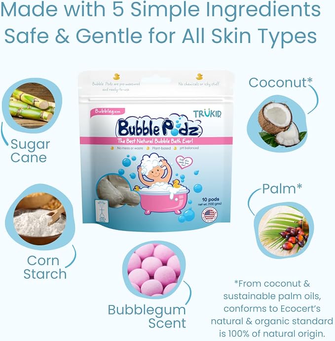 TruKid Bubble Podz Bubble Bath for Kids, Toddlers, & Babies, Tear Free Gentle & Refreshing Bath Bomb for Sensitive Skin with Natural Moisturizers, Non-Toxic, pH Balanced, Bubble Gum Scent (24 Podz)
