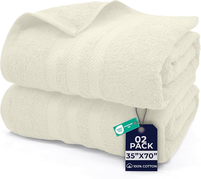 DAN RIVER 2 Pack Bath Sheets Extra Large 35x70, Large Bath Towels for Adults, XL Oversized Heavy Duty Towel Set, 600 GSM 100% Ring Spun Cotton, Soft Quick Dry, Ivory