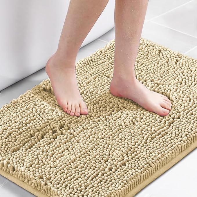 H.VERSAILTEX Bath Mat Bathroom Rug Bath Rugs for Bathroom Non Slip Bath Mats Extra Thick Chenille Rug 17" x 24" Absorbent Soft Shaggy Washable Dry Fast Plush Rugs for Bathtubs - Beige