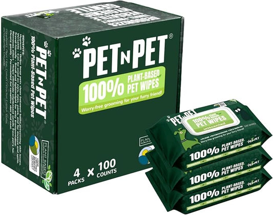 PET N PET 100% Plant Based Dog Wipes for Paws and Butt, 400 Counts Hypoallergenic Unscented Dog Pet Wipes, 8" x 8"