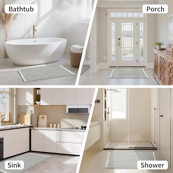 Waffle Bath Mat - Super Water Absorbing Bath Mat Quick Dry, Bathroom Rugs Non Slip Washable, Rubber Backed Bathroom Mat for Bathroom Floor, Tub and Shower, 24" x 72", Light Grey & White