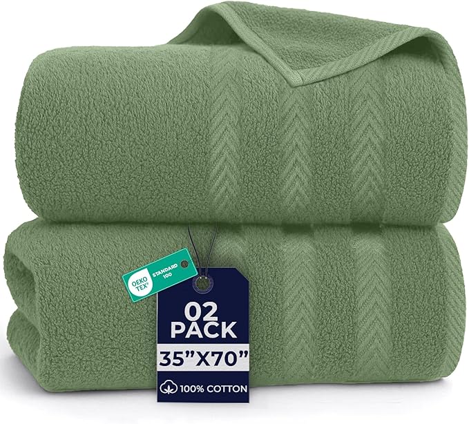 DAN RIVER 2 Pack Luxury Bath Sheets 35x70, 600 GSM, Soft & Quick Dry 100% Ring Spun Cotton Towels Ideal for Hotels, Spas, Gyms & Salons Extra Large, Sage Green