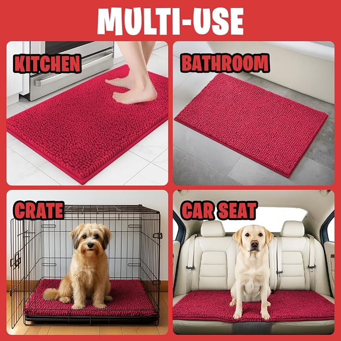 MUDGUARD MAT® Dog Door Mat for Muddy Paws, Super Absorbent Microfiber, Non-Slip Indoor Mat, Quick-Dry Chenille Rug for Pets & Entryway, Machine Washable, Red 24" x 36"