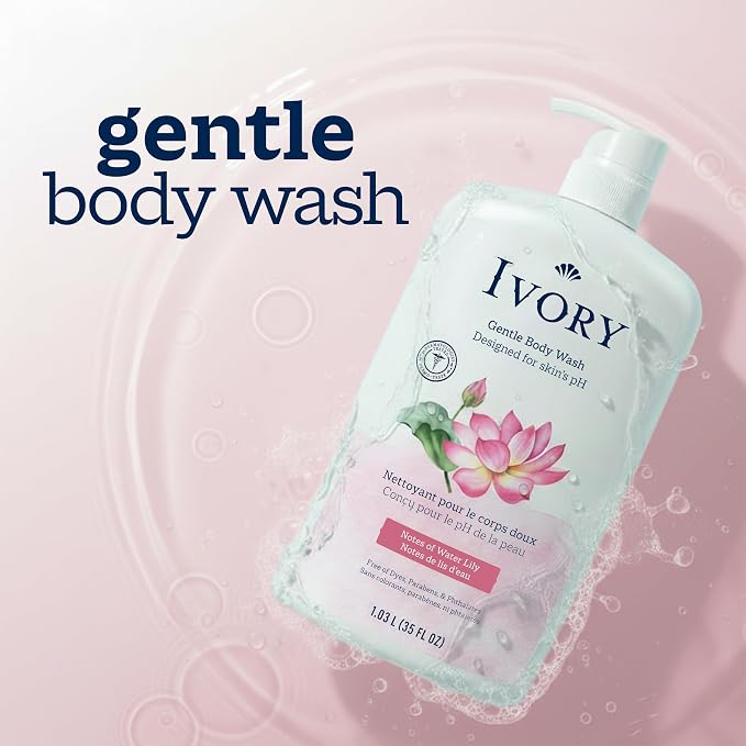 Ivory Body Wash, Designed for the Whole Family, Gentle Formula, Free of Dyes Heavy Perfumes Parabens Phthalates & Silicones, Designed for Skin's pH, Water Lily Scent, 35 oz