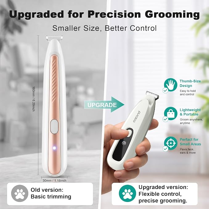 Upgraded Mini Dog Paw Trimmer with LED Light, Low Noise Small Pet Hair Trimmer 18mm Wide Curved Blade, 35dB Cordless Waterproof Pet Paw Grooming Clippers for Dogs, Cats, Paws, Ears, Face, Rump