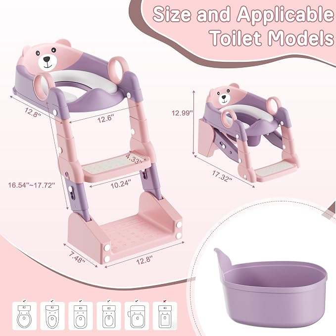 Potty Training Seat, 2-in-1 Toddler Toilet Training Seat & Potty Chair for Kids Boys Girls, Height Adjustable Toilet Seat with Splash Guard, Stable Wide Base Design, Anti-Slip Steps Stool