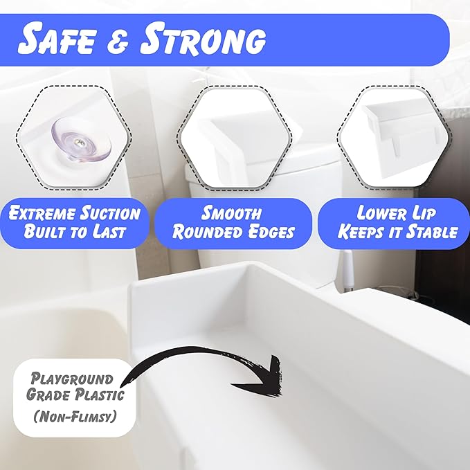 Tub Topper Kids Bathtub Splash Guard, Shelf & Toddler Bath Toy Tray - White | Toddler Bath Tray & Ledge Organizer, Strong Suction Cups, Patented Lip Design, Kids Bathroom Accessory Storage, Made in USA