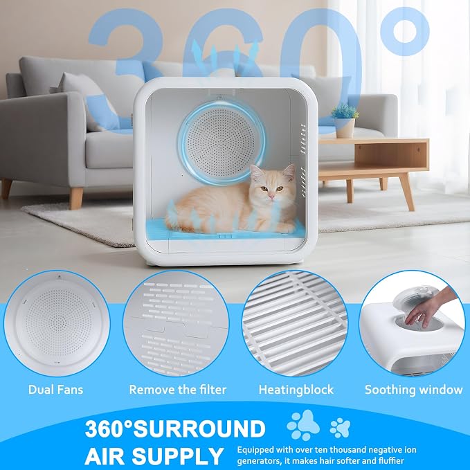 53L Dog Hair Dryer 360° Drying 3 Adjustable Speed Settings Pet Dryer Box with Smart Temperature Control for Cats and Dogs