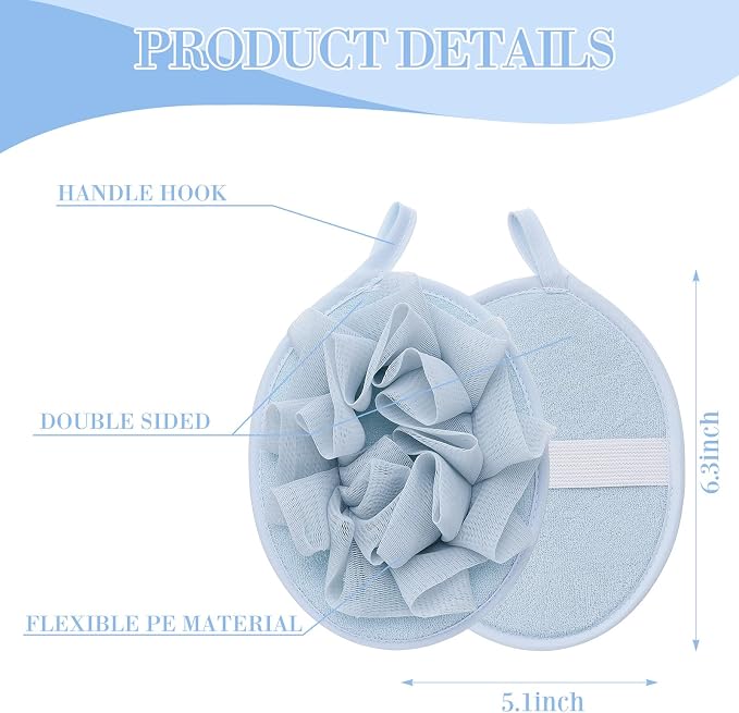 Boao 3 Pcs Bath Shower Pouf Sponge Mesh Pouf Shower Ball Exfoliating Body Sponge Pad Scrubber Glove with Flower Bath Ball (Blue)