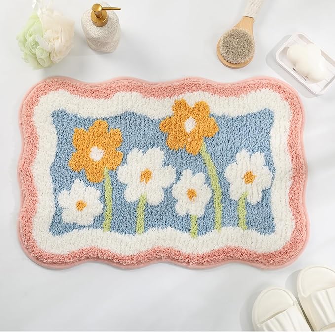 Simplicity Flower Bathroom Mat Non Slip Bath Rug Extra Absorbent and Soft Microfiber Bath Carpet Machine Washable Bath Rug for The Entrance of The Door, Bathroom and Bedroom (31"x20",Blue)