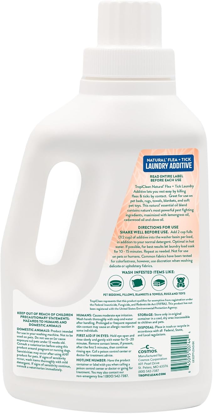 TropiClean Flea and Tick Laundry Additive, Laundry Detergent Booster, Safe for Dogs, Cats, & Home, Powerful Treatment Laundry Addition, 32oz