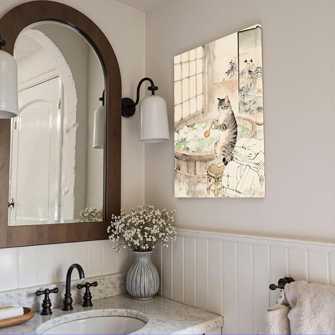 Whimsical Japanese Style Cat Hot Spring Bath Art Posters - Aesthetic Wall Prints for Home & Apartment Decor 16X24 in Wrapped Framed