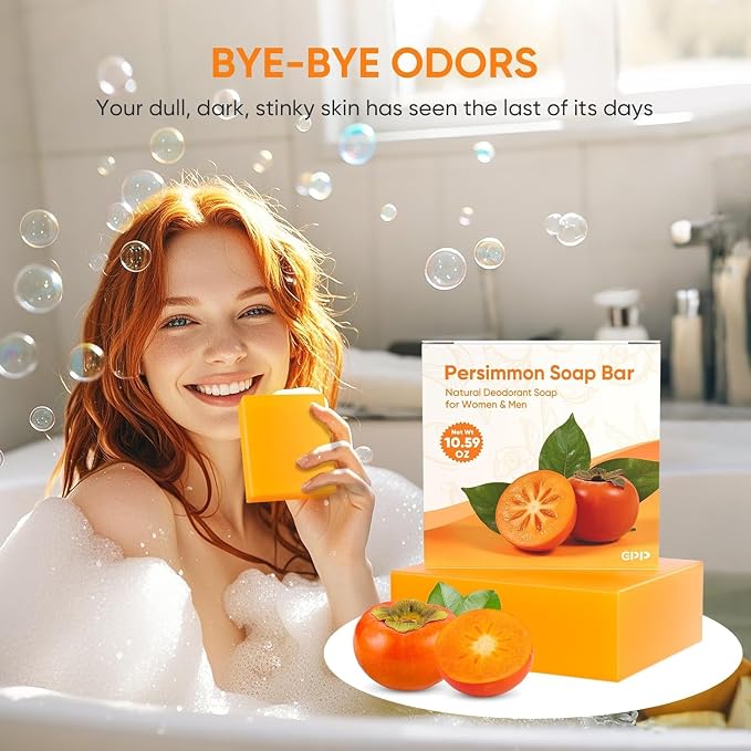 GPP Persimmon Soap Bar for Body Odor Control – 3 PCS Natural Body Wash Soap for for Old People Smell Eliminating Body Odor, Purifying Deodorizing Odor Eliminator for Women & Men, 3.53oz/per